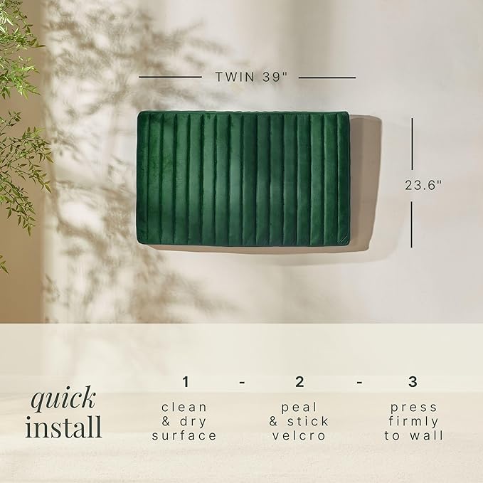 Hearth & Harbor Twin Headboard Only, Floating Wall Mounted Headboard Twin Size, Easy Assemble Upholstered Peel and Stick Headboards, 3D Soundproof Bed Wall Panels, Velvet Stick on Headboards, Green