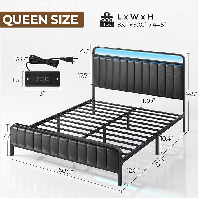 Rolanstar Queen Size Bed Frame with LED Light and Charging Station, Upholstered Headboard and Footboard, Metal Slat, Noise Free, Easy Assembly, Black