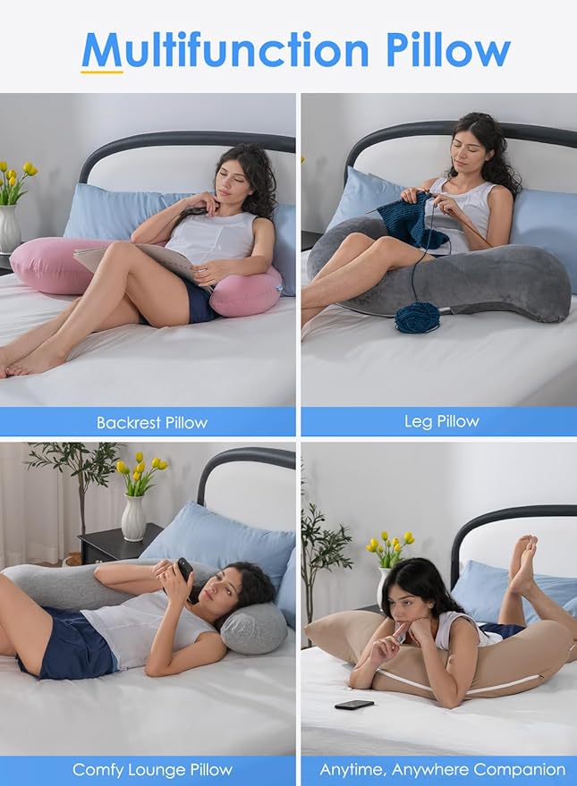 QUEEN ROSE Body Pillow for Side Sleepers, Soft Comfort S Shaped Hug Pillow for Adults, Full Body Support, Velvet Grey