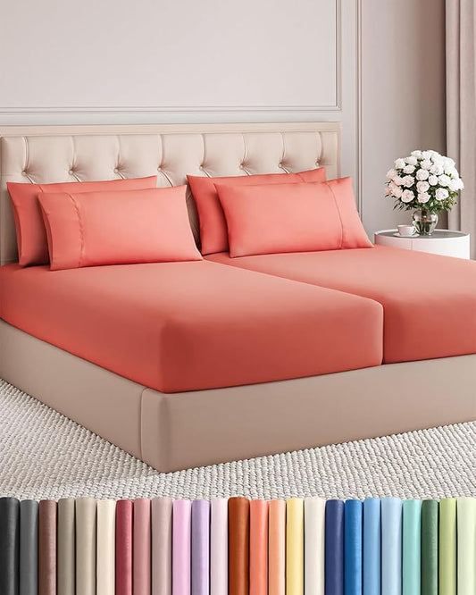 Split King 7 Piece Sheet Set - Comfy Breathable & Cooling - Hotel Luxury Bedding for Women, Men, Kids, Teens & Children - 1 Flat & 2 Fitted Sheets & 4 Pillowcases w/ Deep Pockets, Wrinkle Free - Coral