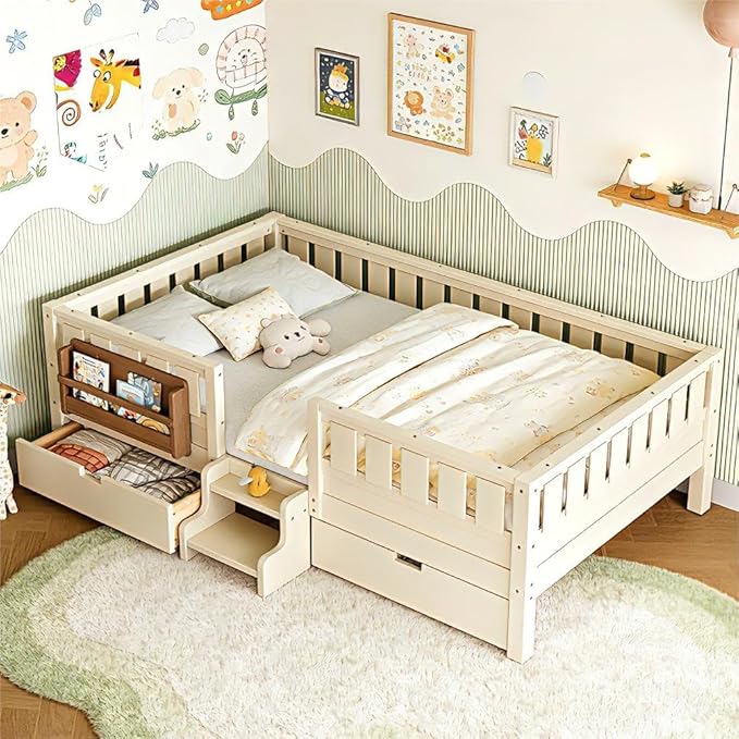 Bellemave Queen Bed with Storage Drawers & Bookshelf, Low Profile Kids Bed Frame with Staircase & Full Length Guardrails, Solid Wood Queen Bed for Kids with Slats Load 550LBS, Easy Assembly, Beige