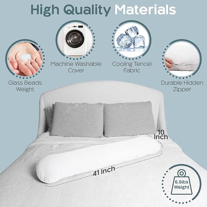 SleepCloud Weighted Body Pillow 6.5lbs - Weighted Pillow for Deeper Sleep (41” x 10”) - Cooling Body Pillows for Adults, Full Body Pillow for Adults, Side Sleeper Body Pillows with Cover (White)