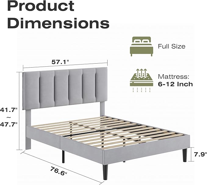 VECELO Full Size Bed Frame with Upholstered Headboard, Heavy-Duty Bedframe with Strong Wooden Slats Support, No Boxing Spring Needed, Light Grey