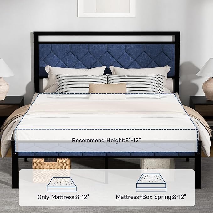 Z-hom Easy Assembly Upholstered Platform Bed Frame with Soft Padded Headboard, Modern Linen Fabric Mattress Foundation, No Box Spring Needed, Noise-Free & Sturdy Metal Support, Queen Size (Blue)