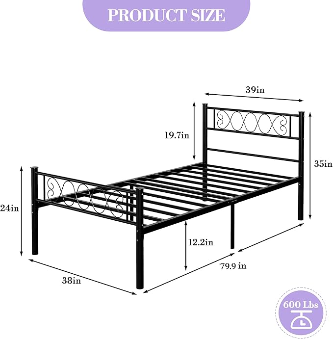 GarveeHome Twin-XL SizeMetal Bed Frame with Headboard & Footboard 13.7 Inch Metal Platform Mattress Foundation Support with Strong Metal Slats, Under Bed Storage, No Box Spring Needed