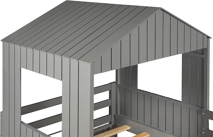 Harper & Bright Designs Twin Over Full House Bunk Bed with Slide, Solid Wood Floor Bed with Ladder, Windows & Roof, Fun Cottage Beds for Kids Teens Girls Boys – Gray