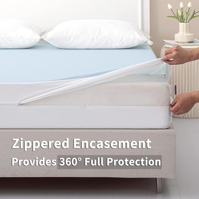 JET'S HOME Queen Zippered Mattress Encasement - 6 Sided Waterproof Mattress Protector with Zipper - Machine Washable Mattress Cover Fits 10-15 Inches