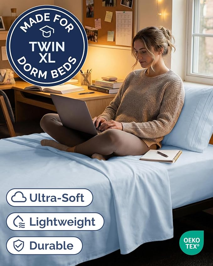 Twin XL Size 3 Piece Sheet Set - Comfy Breathable & Cooling Sheets - Hotel Luxury Bed Sheets for Women & Men - Deep Pockets, Easy-Fit, Soft and Wrinkle Free Sheets - Sky Blue Oeko-Tex Bed Sheet Set