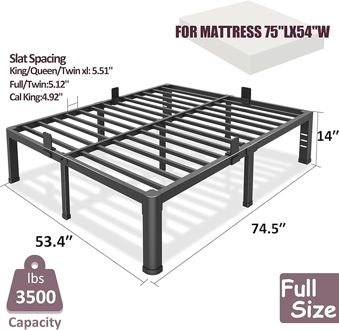 Bilily 14 Inch Full Size Bed Frame Metal Platform with Round Corner Legs,3500 LBS Heavy Duty Steel Slats Support,Headboard Holes,No Box Spring Needed,Easy Assembly,Mattress Retainer,Underbed Storage