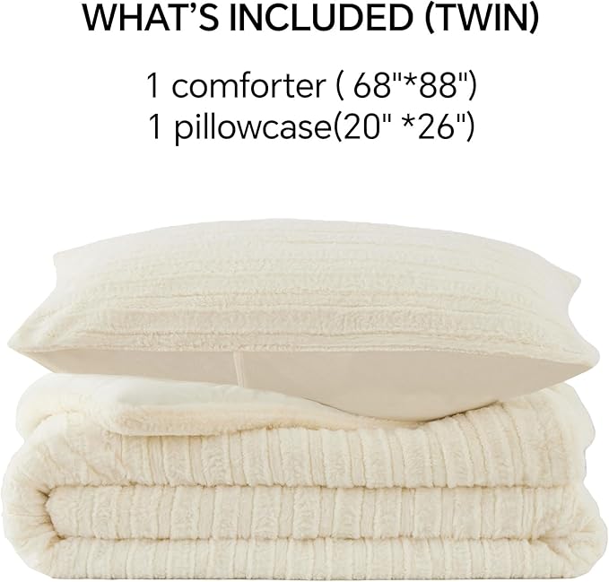 BEDELITE Fleece Twin Comforter Set -Super Soft & Warm Fluffy Cream White Faux Fur Bedding, Luxury Fuzzy Heavy Bed Set for Winter with 1 Pillow case