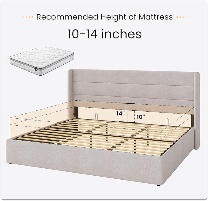 SHA CERLIN King Size Lift Up Storage Bed/Modern Wingback Headboard/Upholstered Platform Bed Frame/Hydraulic Storage/No Box Spring Needed/Wood Slats Support/Light Beige