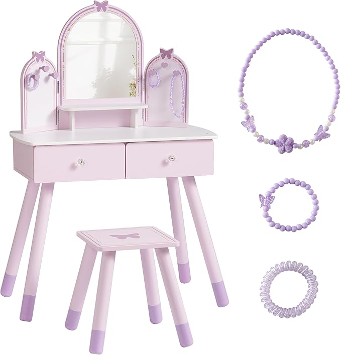 ROBOTIME Purple Kids Vanity Set, Makeup Vanity Desk with Mirror, Chair and Storage Drawers, Little Girl Dressing Table with Stool for Toddlers Ages 3+