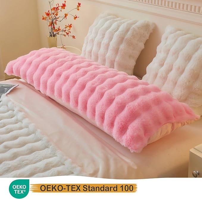 LIFEREVO Fluffy Faux Rabbit Fur Body Pillow Cover, Soft Cute Bubble Waffle Shaggy Plush Bed Body Pillowcase with Zipper Closure, Long 20"x54" Fuzzy Furry Pillow Case for Pregnancy Side Sleeper, Pink