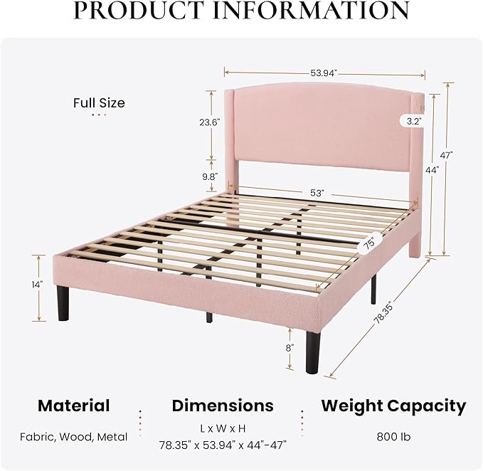 SHA CERLIN Full Size Bed Frame with Soft Teddy Fabric, Boucle Upholstered Platform Bed, Curved Headboard Design, Wooden Slats Support, Noise-Free, No Box Spring Needed, Easy Assembly, Pink