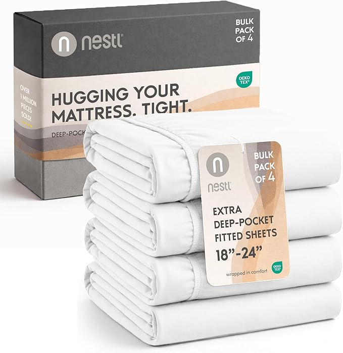 Nestl 4 Pack White Fitted Sheet Extra Deep Pocket, Hotel Luxury TwinFitted Sheet Only Easily Fits 18 to 24 Inch Mattress, Super Soft, Wrinkle-Free and Breathable with Corner Straps