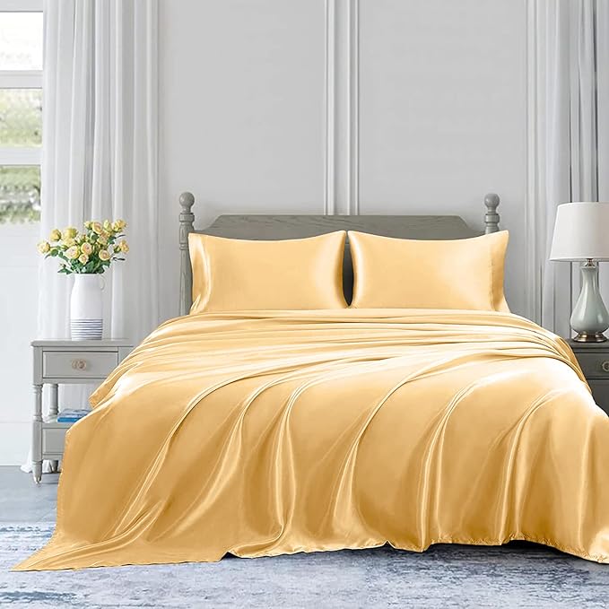 Homiest 3pcs Satin Sheets Set Luxury Silky Satin Bedding Set with Deep Pocket, 1 Fitted Sheet + 1 Flat Sheet + 1 Pillowcase (Twin Size, Gold)