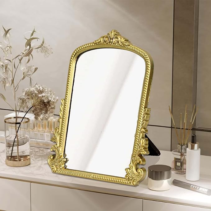 HSDDHOME Champagne Gold Vintage Vanity Mirror,Small Decorative Table Top Mirror,Baroque Arched Makeup Desk Mirror Wood Frame Free Standing,for Dresser,Bedroom,Living-Room Countertop 11.8" x 9.6"