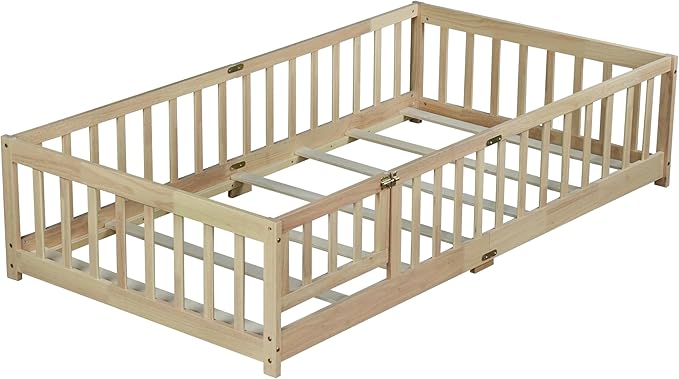 Bellemave Twin Floor Bed with Slats and Door, Twin Size Montessori Floor Bed with Fence and Door, Easy Assemble Montessori Beds Frame for Girls, Boys, Natural
