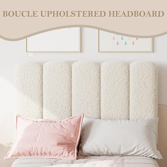GarveeHome Twin Bed Frame, Upholstered Platform Bed with Wave Headboard for Girls/Kids, Easy Assembly, Wooden Slats Support, No Box Spring Needed, Boucle Beige