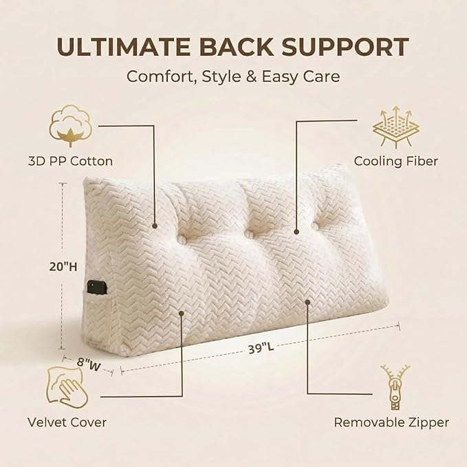 Headboard Pillow Twin Size, Reading Pillow for Bed, Wave Pattern Wedge Pillow, Tufted Backrest Support, Headboard Substitute, Beige