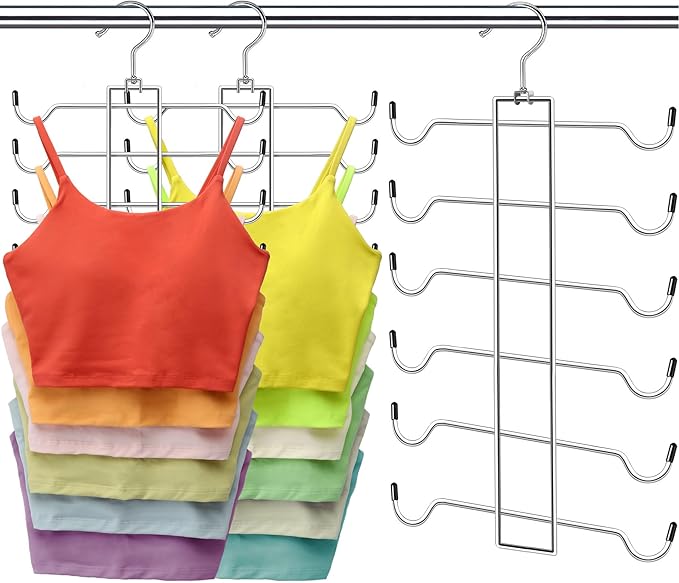 Metal Tank Top Hanger 2 Pack, Space Saving Bra Organizer with 24 Easy Access Hooks, 360° Swivel Closet Organizers and Storage, Apartment College Dorm Room Essentials, Small Space Organization Solution