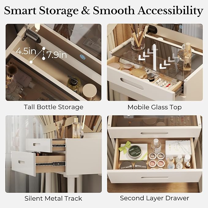 Muwuele Solid Wood Small Vanity Desk with Mirror and Lights, Narrow Makeup Vanity for Small Space, Flip Top Vanity Side Table, 3 Color Modes & Adjustable Brightness, 19.6" Slim Dressing Table, White