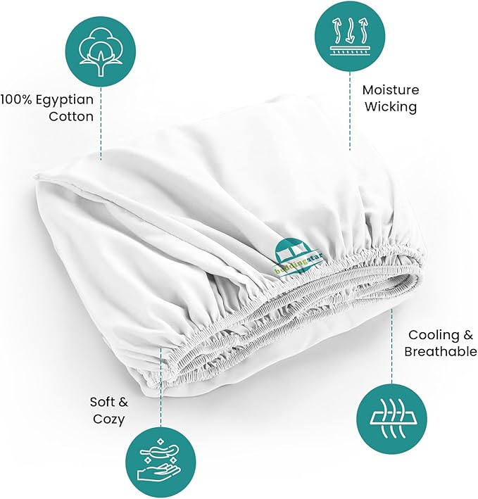 Queen Fitted Sheet 60 x 80 Inches 8" Deep Pocket 100% Egyptian Cotton 600 Thread Count Snug Fit for Trifold Mattress, Narrow Twin, Camp Bunk, Guest Bed, Army Cot Soft & Breathable – White