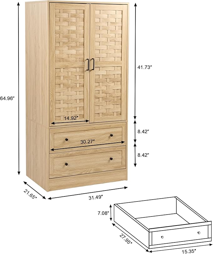 LEVNARY Armoire Wardrobe Closet with 2 Woven Doors, Wardrobe Cabinet with 2 Storage Drawers and Hanging Rail, Freestanding Wooden Closet for Bedroom (Natural)