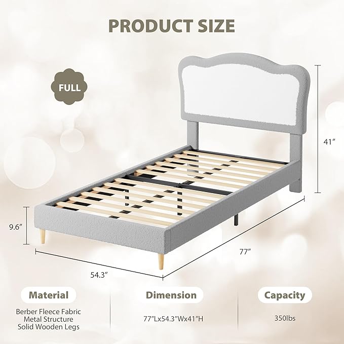 GarveeHome Full Bed Frames for Kids with Soft headboard, Velvet Low Bed Frame for Girls, Boys, No Box Spring Needed, Wooden Slats, Noise Free, Sturdy, Easy Assembly, Grey White