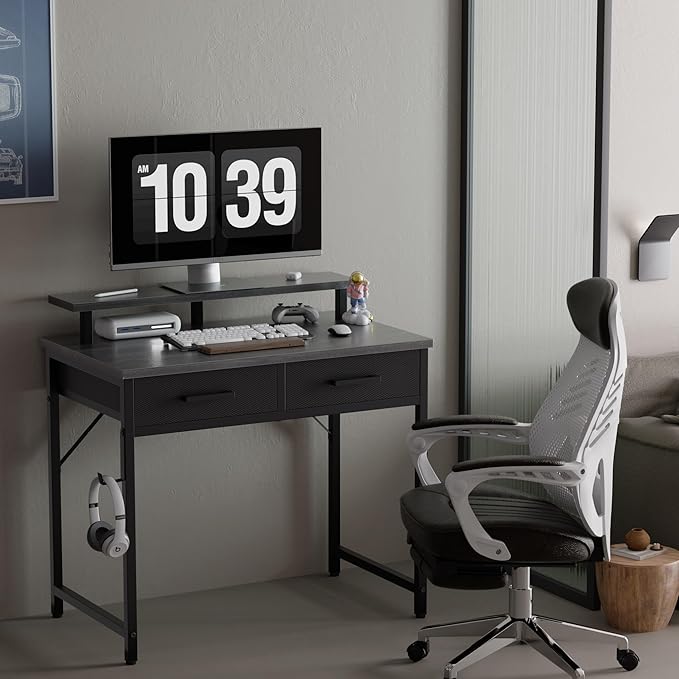 Pamray 32 Inch Small Computer Desk with Monitor Stand Home Office Desks with 2 Drawers for Bedroom Study Writing and Work Table for Small Spaces Grey