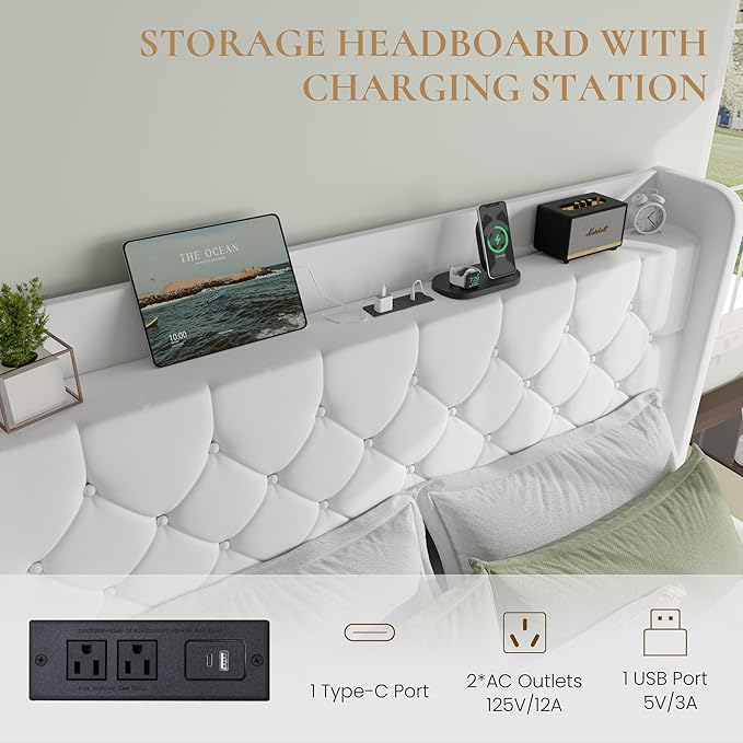SHA CERLIN Full Size Platform Bed Frame with Charging Station, Velvet Wingback Headboard with Storage Shelf, Wooden Slats Support, Ample Under-Bed Space, No Box Spring Needed, Easy Assembly, White