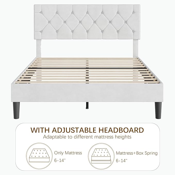 VECELO Full Size Bed Frame with Diamond Tufted Headboard, Upholstered Platform Bedframe with Wood Slat Support, No Box Spring Needed, Velvet & White