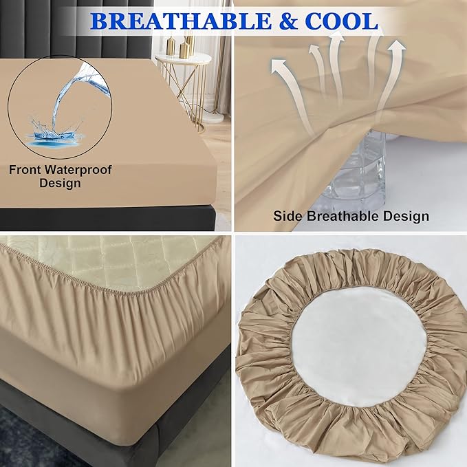 Sufdari Queen Size Mattress Protector,Waterproof Mattress Protector,Fitted Sheet Style Mattress Cover with 18" Deep Pocket,Washable and Comfortable-Light Tan,Queen