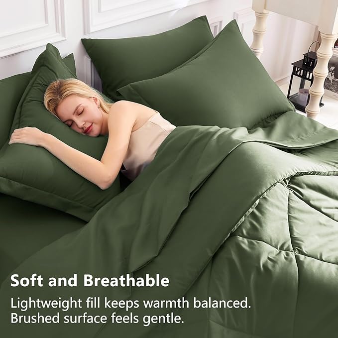 CozyLux Queen Comforter Set Olive Green - Bed in a Bag Queen Size 7 Pieces, Luxury Soft Bed Set for All Seasons, Bedding Set with Down Alternative Comforter, Sheets, Pillowcases & Shams