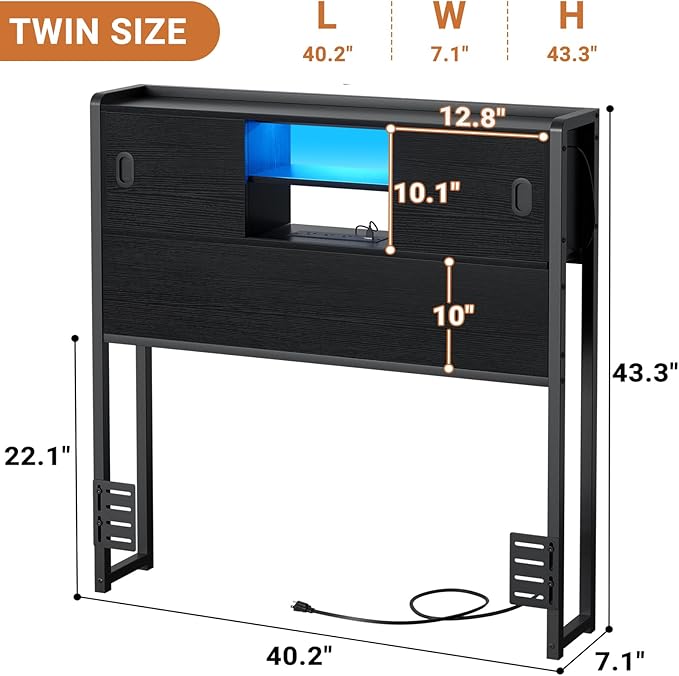 Homieasy Twin Storage Headboard with Sliding Doors, Bookcase Head Board with Charging Station & Smart LED Light, Headboard Only for Twin Bed, Wood Headboards with Bookshelf
