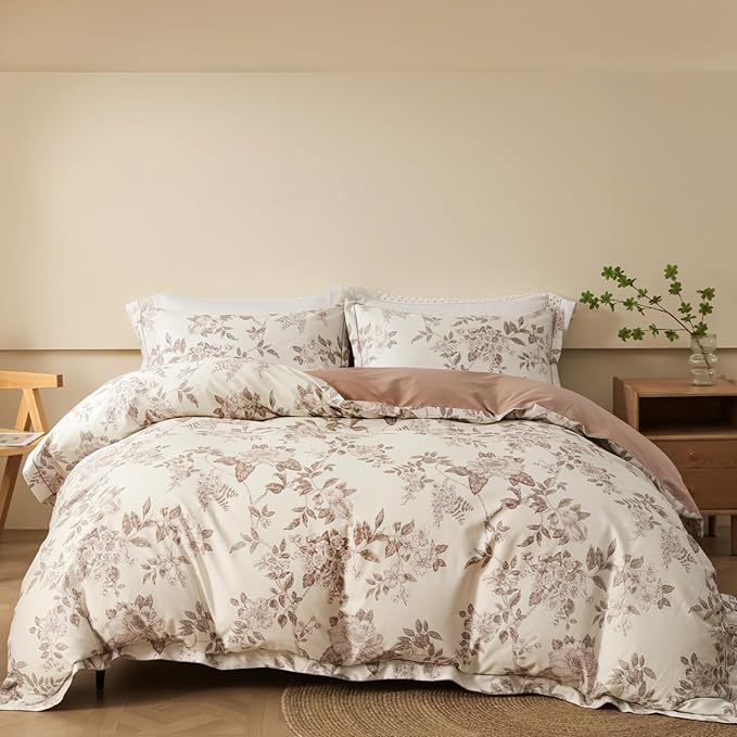 Duvet Cover Set Queen Size Floral Pattern 600 Thread Count Ultra Soft 100% Long Staple Cotton Duvet Cover Sets 3-PC, Breathable Duvet Cover with Zipper Closure & Corner Ties