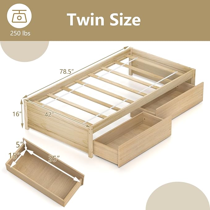 Giantex Twin Size Platform Bed Frame with 2 Storage Drawers, Solid Wood Bedframe Daybed, Wooden Slats Support Mattress Foundation, No Box Spring Needed, Twin Bed Frames for Kids Teens Adults
