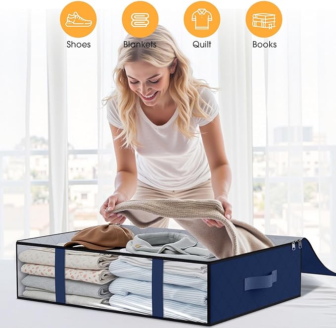 StorageRight Under Bed Storage Bags 6 Pack, 40L Large Clothes & Comforter Storage Containers with Clear Window, Breathable Fabric Organizer for Blankets, Bedding, Seasonal Clothing, Blue
