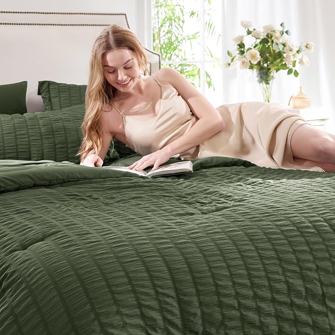 CozyLux Oversized Queen Comforter Set Olive Green Seersucker 7 Pieces 98x98 Bed in a Bag Comforter Set with Sheets, Luxury Soft Bedding Set with Down Alternative Comforter, Sheets, Pillowcases & Shams