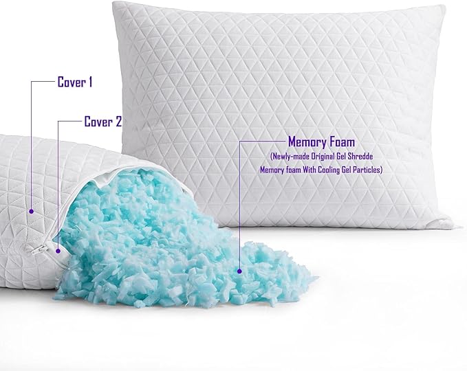 KEYOOHOME Shredded Memory Foam Pillows for Sleeping,Bed Pillows Queen Size Set of 2 Pack Cooling Adjustable,Good for Side and Back Sleeper with Washable Removable Cover