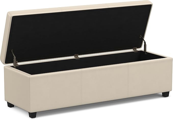 SIMPLIHOME Avalon Extra Large Storage Ottoman Bench - 54 inch Wide Upholstered Vegan Leather Rectangular Lift-Top Ottoman in Satin Cream, Contemporary Bench for Living Room with Hidden Storage
