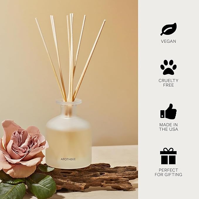 Apotheke Luxury Scented Reed Diffuser for Home, Santal Rock Rose - 6.7 Fl Oz Essential Oil Aromatherapy - 10 Rattan Scent Sticks Room Diffuser - Long-Lasting Fragrance for Bedroom, Home, Bathroom
