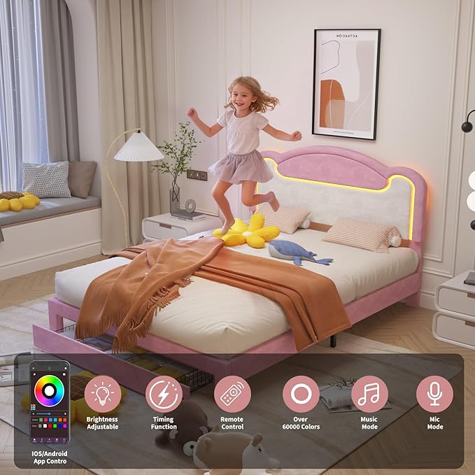 Garvee Full Size Upholstered Bed Frame with LED Lights & Storage Drawers, Fabric Headboard & Wood Slats, No Box Spring Needed, Princess Bed for Girls (Pink White)