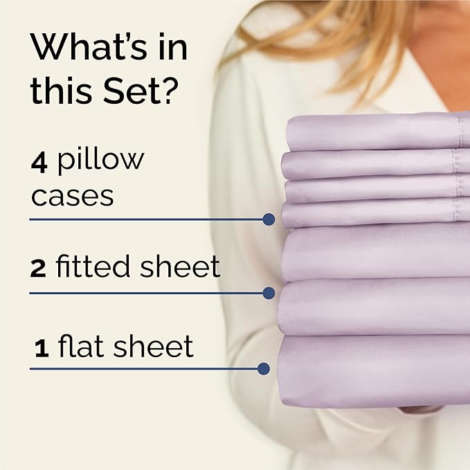 Split King 7 Piece Sheet Set - Comfy, Breathable & Cooling - Hotel Luxury Bedding for Women, Men, Kids, Teens and Children - 1 Flat & 2 Fitted Sheets & 4 Pillowcases w/ Deep Pockets - Light Lavender