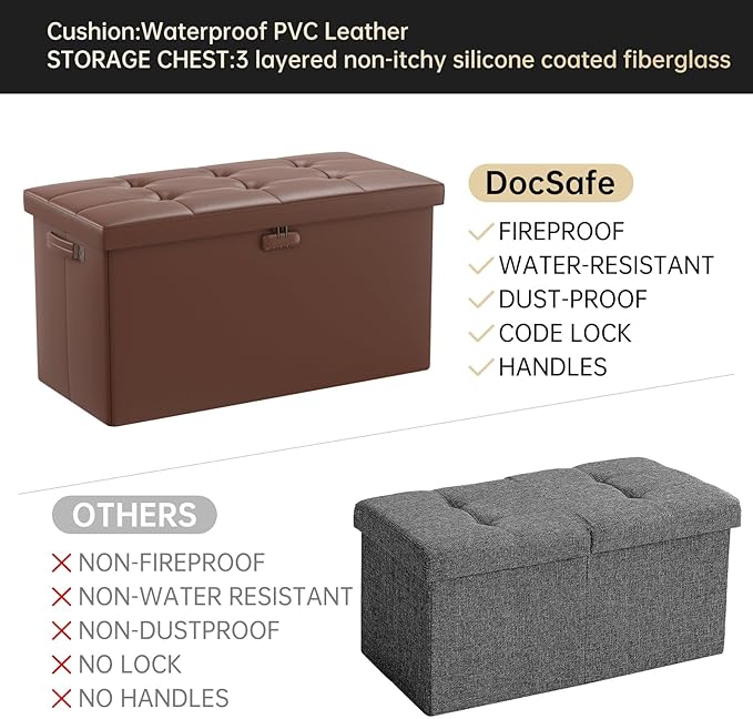 DocSafe Storage Ottoman Bench with Lock,Fireproof 30 Inches Folding Bench Foot Rest Stool Storage Chest Safe for Living Room,Bedroom,Home Office,Waterproof Leather Ottoman with Handles,Brown