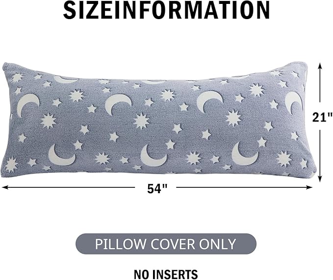 HOMBYS Glow in The Dark Body Pillow Cover, Soft Velvet Fluffy Bed Pillow Case, Fuzzy Long Pillowcase for Kids Boys Childern, Plush Decorative Throw Pillow Cover, 21x54 Inches, White Grey