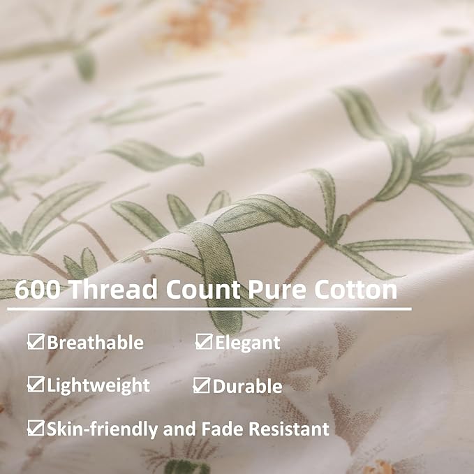 OAITE Duvet Cover Set King Size Floral Pattern 600 Thread Count Ultra Soft 100% Long Staple Cotton Duvet Cover Sets 3-PC, Breathable Duvet Cover with Zipper Closure & Corner Ties
