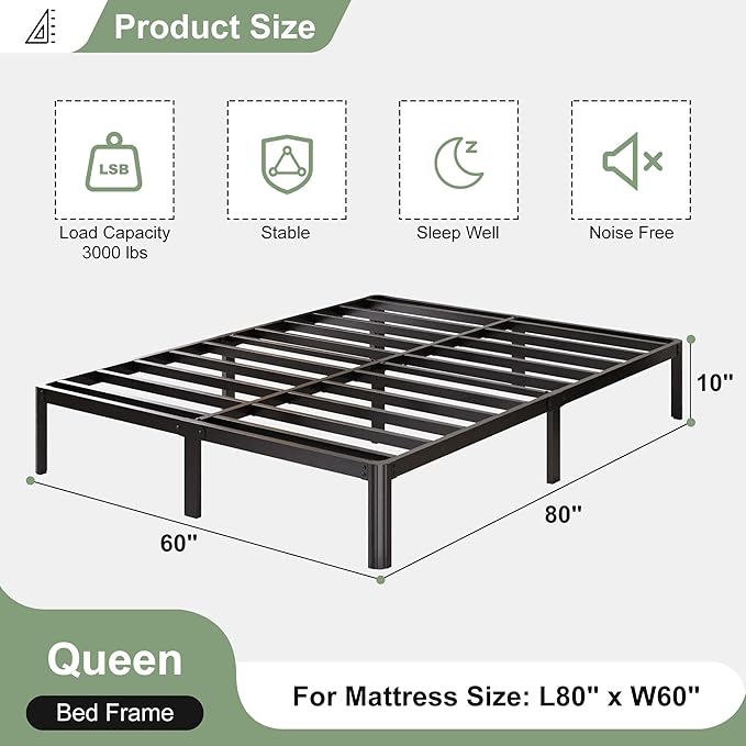 Lutown-Teen 10 Inch Queen Bed Frame with Rounded Corner Legs, 2000 LBS Heavy Duty Metal Queen Platform Bed Frame with Steel Slats Support, No Box Spring Needed, Noise Free, Easy Assembly