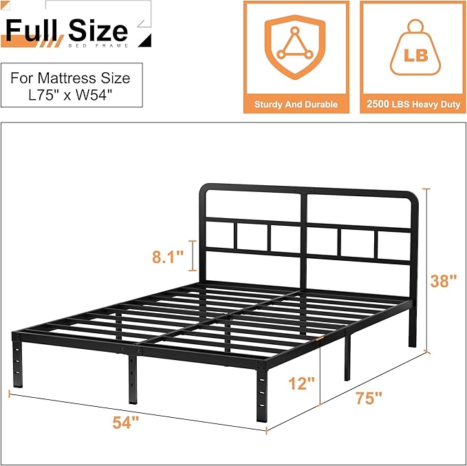 Husleephu Full Size Bed Frame with Headboard, 12 Inch Heavy Duty Metal Bed Frame Full, No Box Spring Needed, Noise Free, Easy Assemble, Black