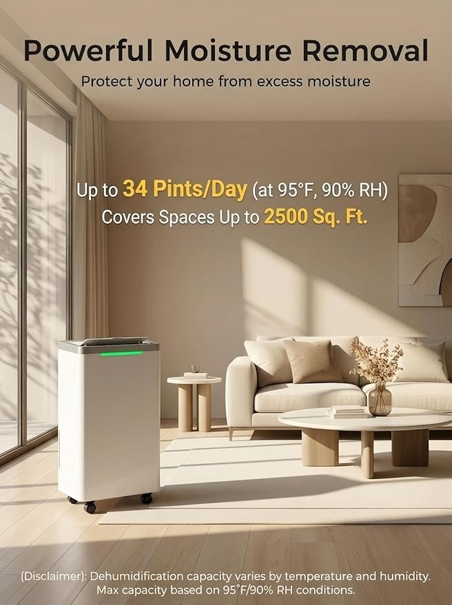 34 Pints Dehumidifier for Basement, Dehumidifiers for Home with Drain Hose, 38dB Quiet Dehumidifier for Bedroom Bathroom Garage, 24HR Timer, 3-Color Indicator, Auto Defrost, Child Lock